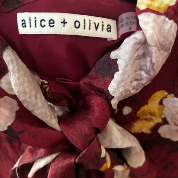 Alice + Olivia Lashay Ruffle Dress Size 4 Red Floral Mini Dres Bow Tie Neck Silk - Picture 13 of 17